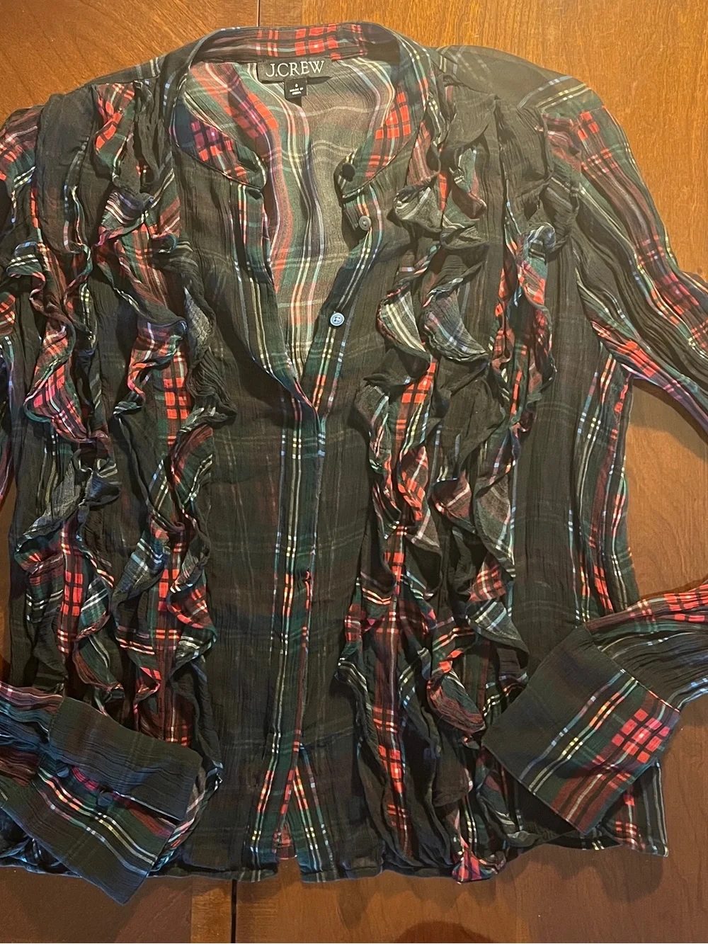 J.Crew Tartan Crinkle Cupro Ruffle Front Top Blouse Sheer Holiday Plaid Size 0